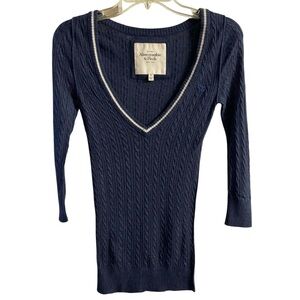 Abercrombie & fitch vintage v neck sweater cable knit navy blue y2k Medium